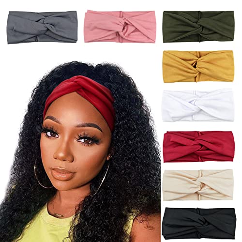 Image of DRESHOW 8 Pack Headbands for Women Yoga Knotted Headbands Elastic Criss Cross Hair Accessories Sports Head Wrap Non Slip