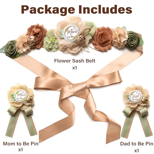 Image of Baby Shower Maternity Sash Belly Belt-Pink Flower Sash Set Mom to Be & Dad to Be Corsage Pins for Gender Reveal