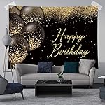 Happy Birthday Backdrop Black and Gold Glitter Bokeh Balloons Photography Background Birthday Party Golden Sparkle Bday Banner Decorations Supplies Photo Booth Studio Props Soft Fabric 7x5ft - Image 4