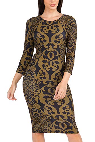 Image of ICONOFLASH Women's 3 /4 Sleeves Midi Bodycon Dress Crew Neck Fitted Dresses with Plus Size Options