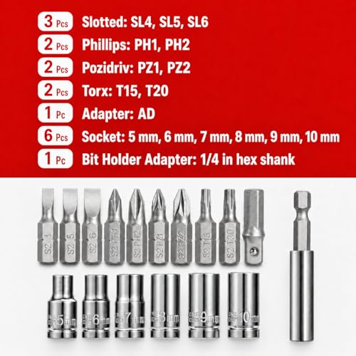 Image of Bates- Low Profile Right Angle Screwdriver with Drill Bits Set, 18 pcs, 1 /4 inch Mini Ratchet Screwdriver with Adapter, Phillips, Slotted, Torx, Pozidriv Bits for Tight Spaces