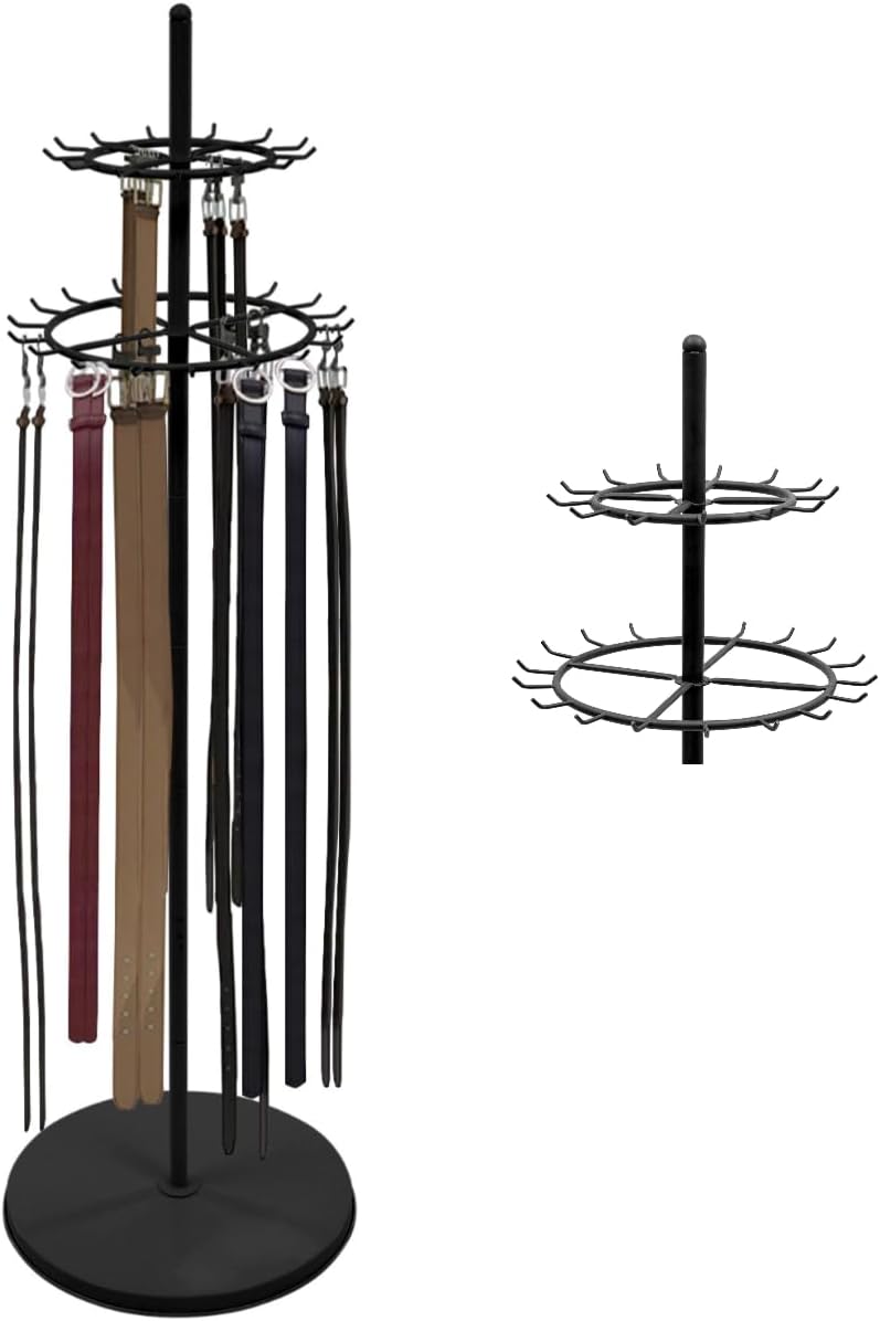 66in Metal Belt Rack Floor Standing Belt Display Tie Rack Hanger Organizer Scarf Stand for Clothing Store Bedroom Business (Black)