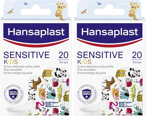 Hansaplast Apósitos Sensitive Kids para niños con animales, parches para piel sensible hipoalergénicos y fáciles de quitar, 1 paquete de 40 unidades en 2 tamaños