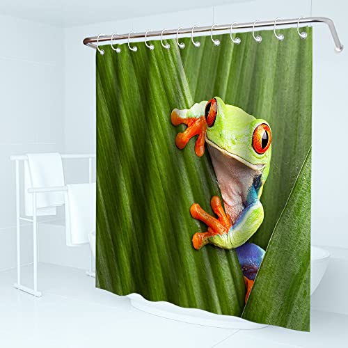 Kntiline Funny Animal Shower Curtain Red Eyed Tree Frog Hiding In Exotic Macro Leaf Theme Fabric Bathroom Decor Sets With Hooks Waterproof Washable 72W X 72H #TOP1