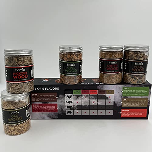 Wood Chips Set for Smoking Infuser, 5 pcs x 8.4 oz - Apple Wood, Cherry Wood, Hickory Wood, Pecan Wood, Oak Wood for Food Smoker and Cocktail Smoker