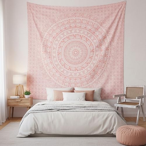 Craft Trade Indian Cotton Mandala Wall Hanging Tapestry for Aesthetic Boho Hippie Living Room, Meditation & Bedroom Décor - Pink, 54x84 Inches