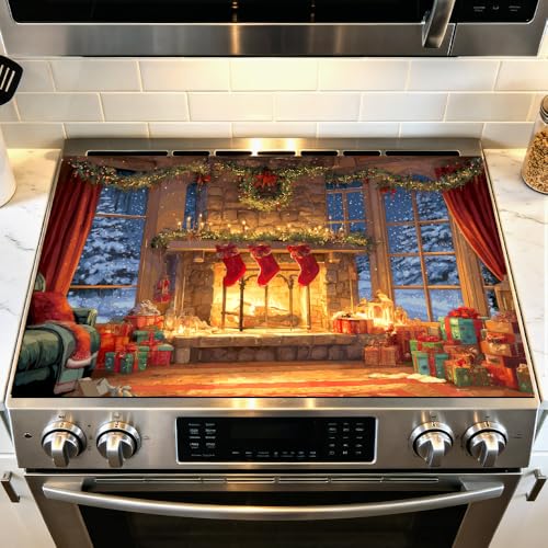 Image of Christmas Fireplace Stocking Scene Stove Top Cover 28.35x20.47in