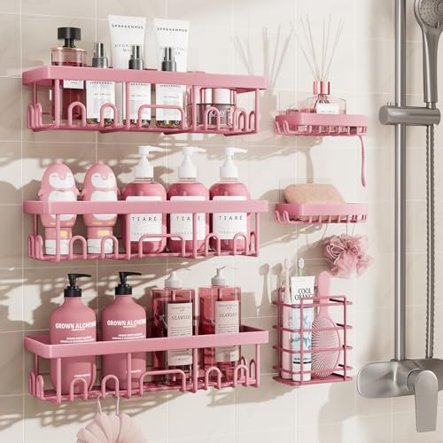 Image of Veken Large Capacity Shower Caddy 6-Pack, No Drilling & Rustproof, Adhesive Shower Shelves with Soap Holder, Bathroom Organizers and Storage, Wall-Mounted Kitchen & Home Decor, Pink
