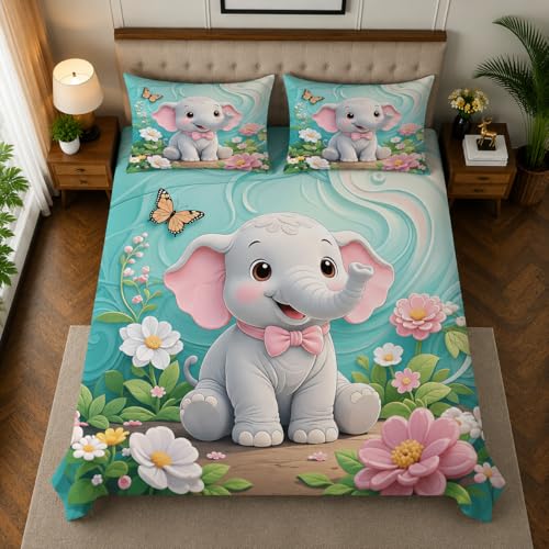 Image of 7D Digital Printed King Size Bedsheet with 2 Pillow Covers | Soft Premium Cotton Feel Microfiber Double Bed Bedsheet |Breathable,Wrinkle Free&Fade Resistant|(Blue Elefant, KingSize-225x250CM)