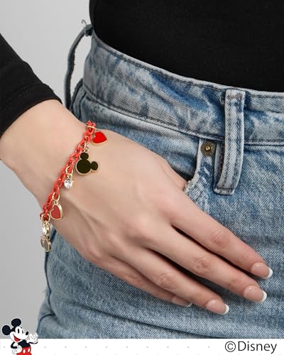 SALLY ROSE Mickey and Minnie Mouse Charm Bracelet with Red Chain Official License, 6.5"+1" Gold-Tone Fashion Charm Bracelet for Women2