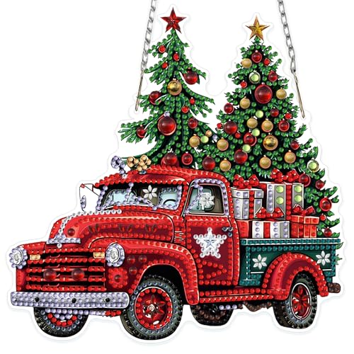 MOGTAA Christmas Truck Diamond Art Hanging Kits for Adults Kids, Christmas Tree Diamond Art Suncatchers, 5D Special Shape Diamond Painting Window Pendant Kit for Home Garden Wall Decor