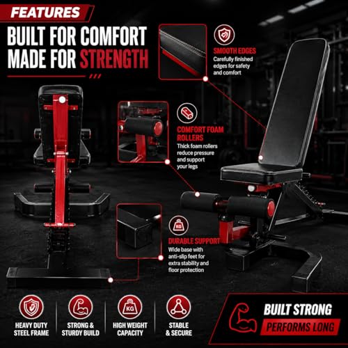Image of Adjustable Workout Bench for Home Gym | Multifunctional Incline Decline Bench with Preacher Curl Pad & Leg Support | Full Body Strength Training Bench for Men & Women (Black & Red)