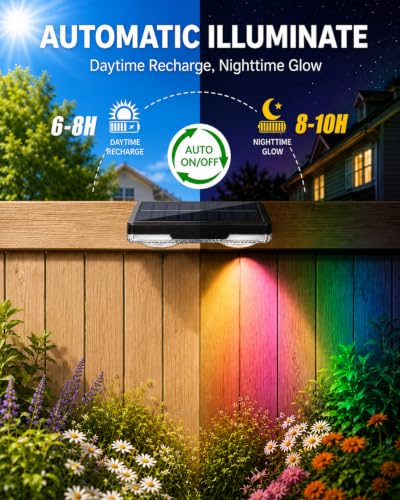 KAJICOO Solar Fence Lights Outdoor, 6 Pack Warm White & RGB 6 Color with RGB Breathing Light Mode, IP65 Waterproof LED Solar Powered Lights for Wall, Backyard, Railing, Step, Patio, Deck, Yard — view 2