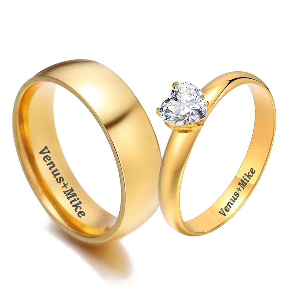 Personalized Matching Heart Wedding Rings Set Him Her Promise Rings  with Names Engraved