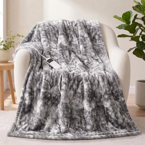 Manta Eléctrica Calefactable Throw 50''x60'' - Manta de Calor Tie-Dye, Lavable con 10 Niveles de Calor, Temporizador de 8h, Protección Calefactable, Material Suave de Franela y Sherpa
