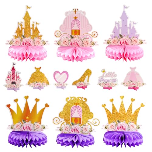 HVIHWI 12Pcs décorations d'anniversaire Mignonnes sur Le thème de la Princesse 3D, décorations de fête d'anniversaire en nid d'abeille pour décorations de...