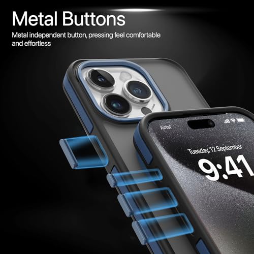 Image of Vaku Luxos Elemento Series Back Cover Case for iPhone 15 Pro Metal Frame Camera Bump Shockproof Scratch Resistant Slim Thin Military-Grade Protection- Blue