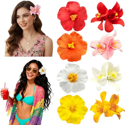 Hawaiian Flower Hair Clips for Women 8 Pcs Plumeria Hair Claw Clips, 3.5 Inch Artificial Flower Clips Hibiscus Beach Hair Accessories for Women Girls