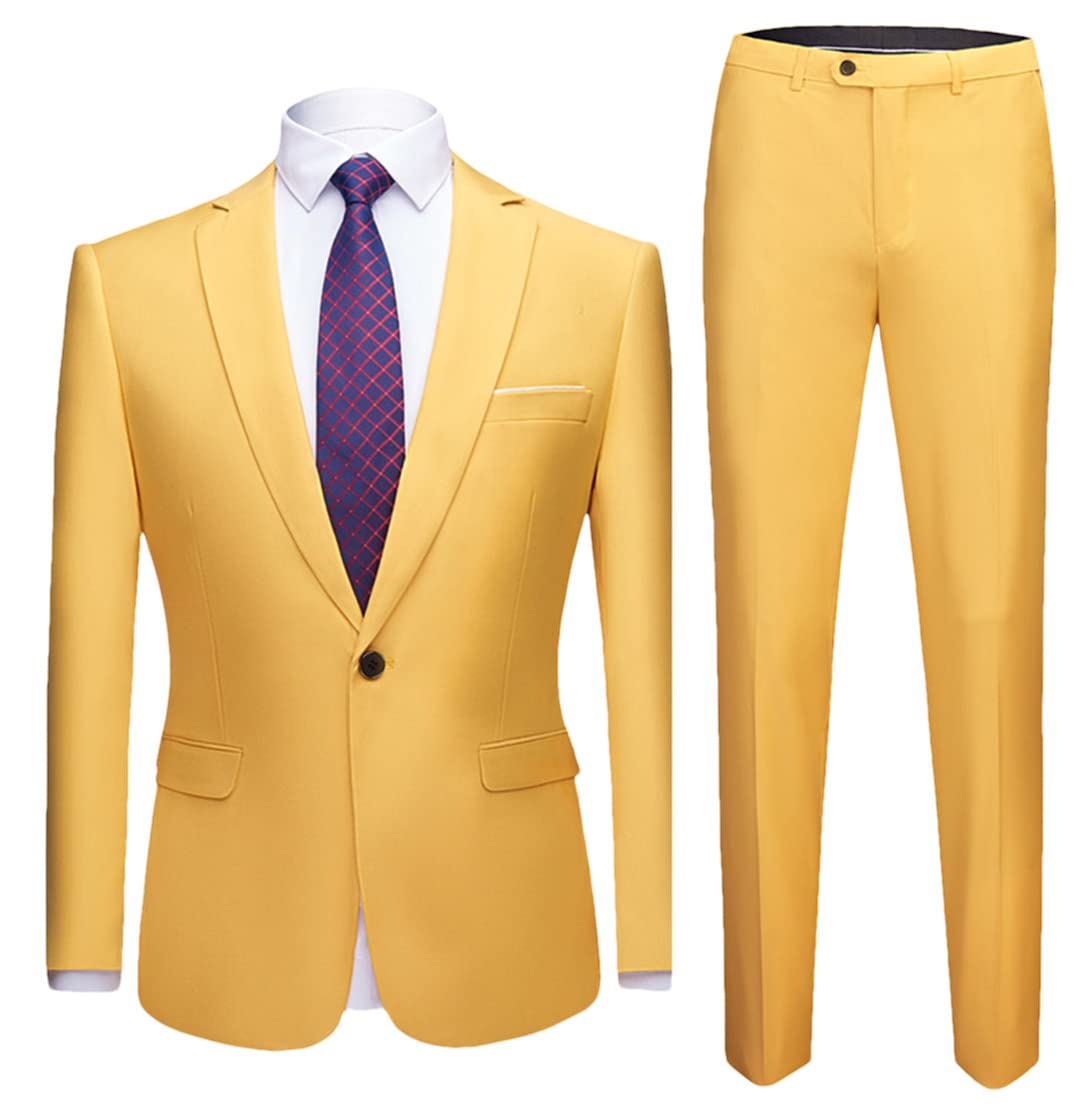 Męski garnitur slim fit, męski garnitur 2-częściowy zestaw, marynarka, kamizelka spodnie, męski garnitur smokingowy, 1 przycisk żółty, M