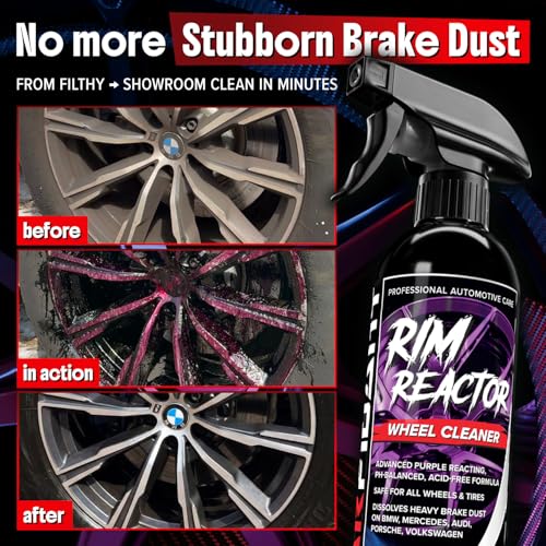 Image of Carfidant Rim Reactor Wheel Cleaner Spray - No Scrub Formula with Purple Iron Remover Reaction - Removes Brake Dust & Grime - Safe for All Wheels (Aluminum, Chrome, Black) - pH Neutral - 16oz