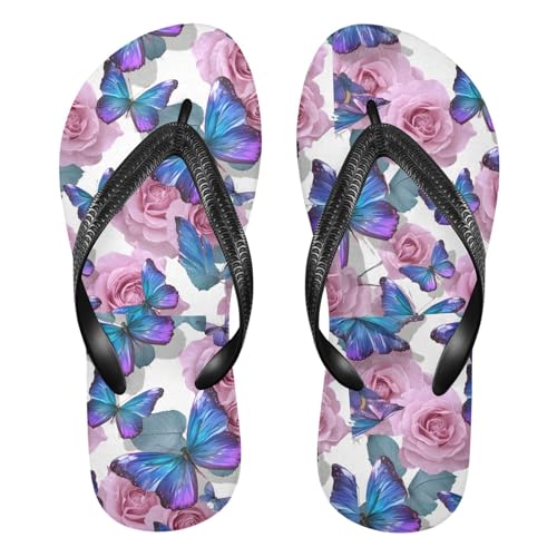 ALAZA Purple Butterflies Rose Flip Flops for Women Fashion Beach Slippers Comfort Mens Flip Flops Non-Slip Rubber Shower Slippers Sandal for Hotel Travel Sport,XS