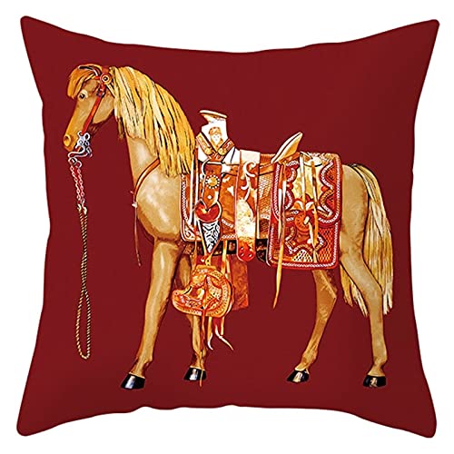 Lieson Housse de Coussin 50x50, Housse de Coussin Canapé Rouge Marron Coussin Déco Cheval, Polyester