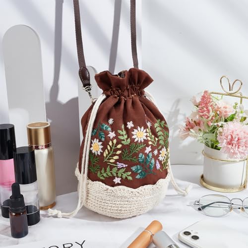Image of FREEBLOSS 10.6x5.5'' Embroidery Bucket Bag Flower Style Embroidery Kit with Instruction Cotton Embroidery Starter Kit for Beginners Adults