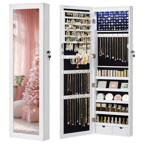 SONGMICS 6 LEDs Mirror Jewelry Cabinet, 47.2-Inch Tall Lockable Wall or Door Mounted Jewelry Armoire...