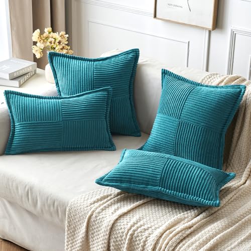 Image of MIULEE Decorative Throw Pillow Covers for Couch Bed Livingroom 16x16 Inch Set of 2 Teal Blue Boho Accent Throw Pllows Broadside Striped Patchwork Soft Corduroy Summer Coastal Pillowcases