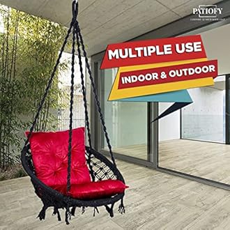 Patiofy Round Cotton Home Swing for Adults & Kids/ Hanging Jhula for Balcony, Indoor, Outdoor/ Weight Capacity 100Kgs/Includes Hanging Kit & Red L Cushion/Handmade Wooden Swing for Living Room (Black)