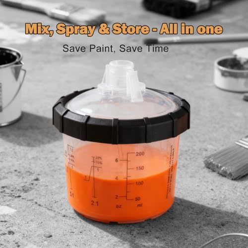 Image of RRJ Disposable Paint Cup Automotive Spray Gun Paint System, for LVLP /HVLP Spray Gun Kit 6.7 Ounce(200ML) Mixing Cups with 50 Liners and Lids, 1 Hard Cup with Retainer Ring, 2 Adapter, Stirrer