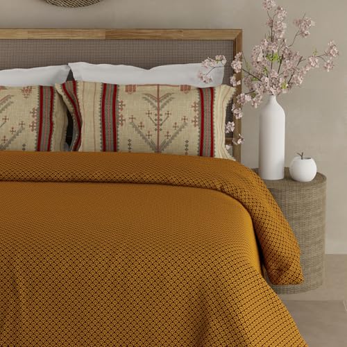 Image of BOUTIQUE LIVING Heritage Walk 100% Egyptian Cotton 200 TC Yellow Ethnic Print King Bedsheet with 2 Pillow Covers
