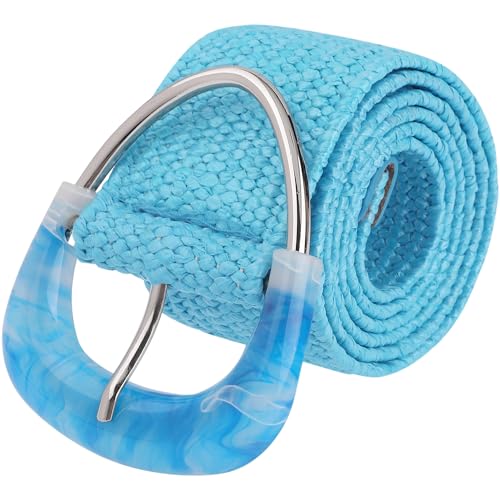 Women Woven Wide Stretch Belts, Straw Rattan Triangle Buckle Elastic Belt Waistband for Dress