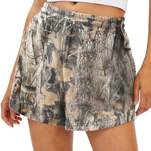 Lauweion Womens Lounge Camo Sweat Shorts Athletic High Waist Drawstring Maple Leaf Camouflage Workout Shorts with Pockets