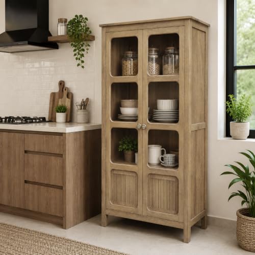 Image of The Attic Crestwood 2 Door Kitchen Cabinet, Multipurpose Cabinet for Bedroom Living Room Study bar, Solid Wood Bookshelf Kitchen Cabinet, Light Teak Matte Finish Glass