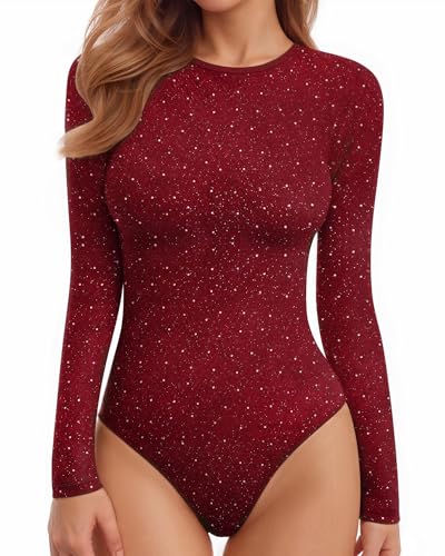 Image of MANGOPOP Womens Bodysuit Long Sleeve Crew Neck Body suit for Women Ribbed Bodysuits Shirts