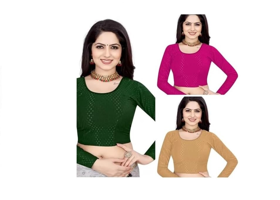 Mishika Enterprises Women Round Neck Cotton Fabric Blouse Full Sleeve Stretchable Readymade Saree Combo Blouse Stylish Fit-image-44