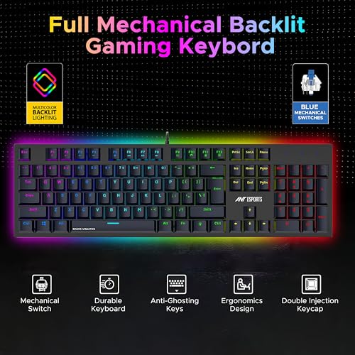 Ant Esports MK3400 V3 Pro Mechanical Gaming Keyboard RGB LED 104 Keys Blue Switch Anti Ghosting Full Size Wired USB PC Keyboard Removable Double Shot Keycaps Ergonomic for PC, Laptop and Mac (Black) view 2