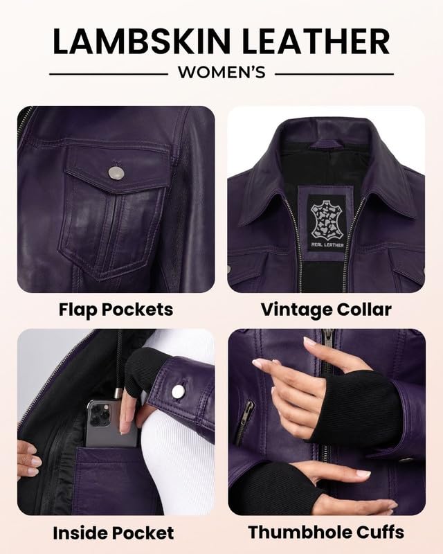 Image of Womens Leather Jacket with Detachable Hood - Real Lambskin Bomber Jacket Thumbholes Women