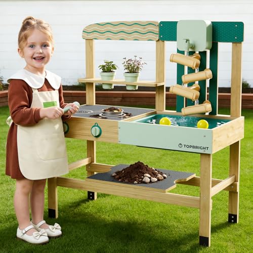 Image of TOP BRIGHT 4 in 1 Mud Kitchen for Kids, Outdoor Playhouse for Water Play | Sand Play, Cooking & Gardening Playset with Accessories, Sensory Table Set, Backyard Pretend Play Toy for Boys Girls Ages 3