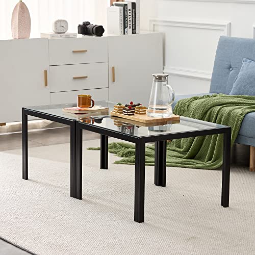 Glass Coffee Table Set Of 3 End Table Square Modern Living Room Table With Clear Tempered Glass Top Metal Leg Rectangle Center Table Home Furniture Set, Clear #TOP6