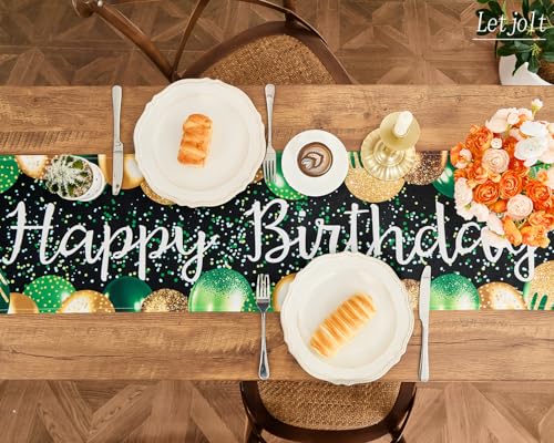 Image of Letjolt Golden Green Balloon Happy Birthday Table Runner 72 Inches | Linen-Like Fabric, Celebrate Birthday Party Table Decor