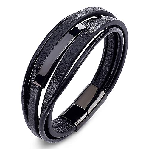 Herren Armband Edelstahl Echtleder Armband Geflochten Mit Magnet Verschluss Gravur Personalisieren (Schwarz, 20.5)