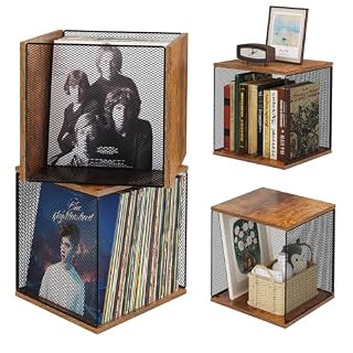 2 Cubes of Record Holder Shelf Storage Furniture – DIY Stackable 80-110 Vinyl Album Visualize Storage Box Cube – Natural Wooden Organizer Crate Cabinet - Les Beatles, Paul McCartney, John Lennon, RIngo Starr, George Harrison