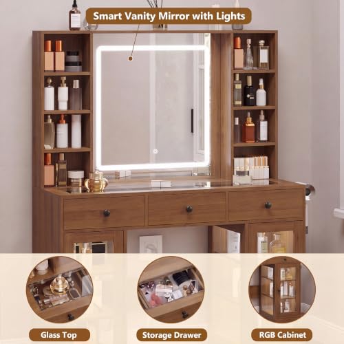 Image of Walnut Vanity Desk with Mirror and Lights, Glass Top Vanity with Lighted Mirror & RGB Cabinet and 3 Drawers, Dressing Table with 8 Shelves, Makeup Desk with Lights for Girls Bedroom, 3 Color Modes