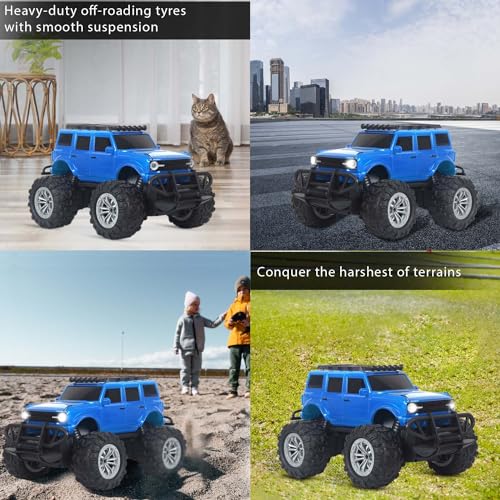 Image of popsugar Off Roader Rechargeable Remote Control Car | RC Car Monster Truck | 4 Headlight Modes | Lithium Battery | C-Type Charging | 2.4GHz Remote Controller | Made in India, Blue