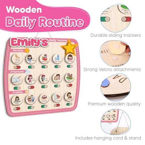 Image of Personalized Wooden Chore Chart for Kids, Daily Routine Chart for Toddlers, Visual Schedule for Kids Age 3-5, Morning Bedtime Routine for Girls (09)