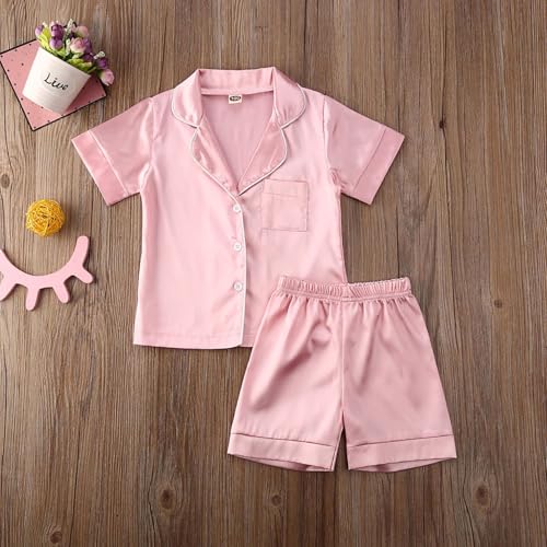 Toddler Baby Girl Boy Satin Pajamas Set 2Pcs Button Down Pjs Solid Color Short Sleeve Silk Top And Shorts Sleepwear2
