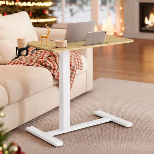 VASAGLE Escritorio con Ruedas, Mesa Auxiliar, Tablero de 80 x 45 cm, Altura Ajustable, 2 Portavasos, Ranura para Teléfono Móvil o Tableta, Roble Dorado LSD601YA01