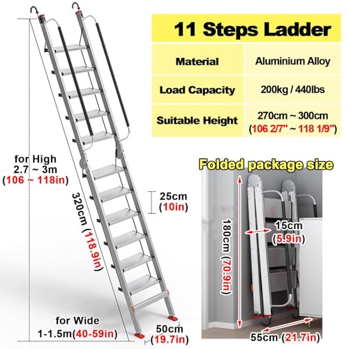 Scala pieghevole in alluminio con gancio per una maggiore sicurezza, ideale per tetto, garage, pozzo finestra e accesso al letto alto, 11 gradini h-320 cm/10,5 piedi